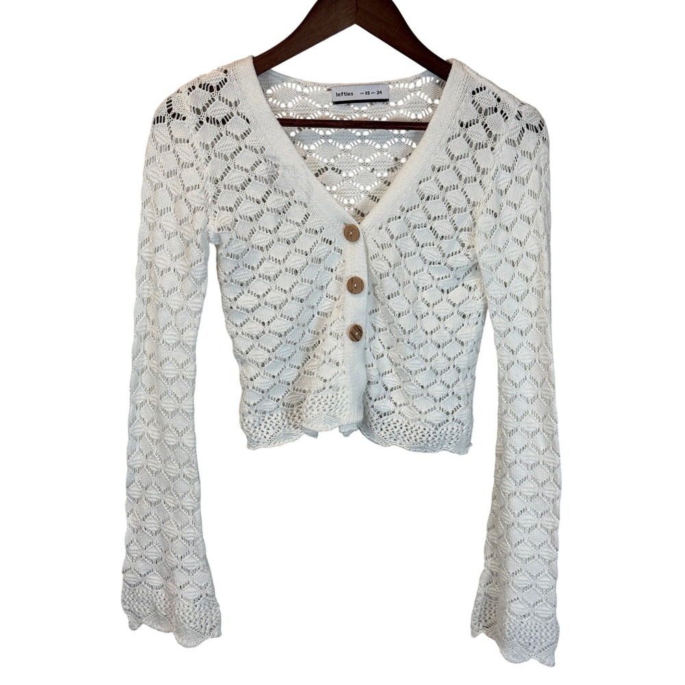 Lefties White 100% Cotton‎ Crochet Button Up Cardigan Flared Sleeve Size XS Boho